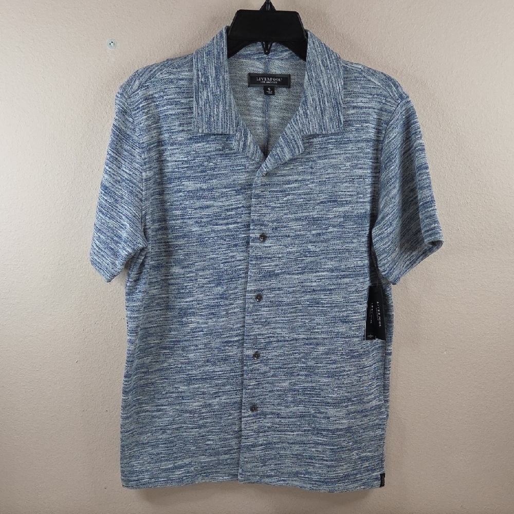 Liverpool Mens Small Knit Short Sleeve Shirt. Blue/Cream Collared Button Up Cozy